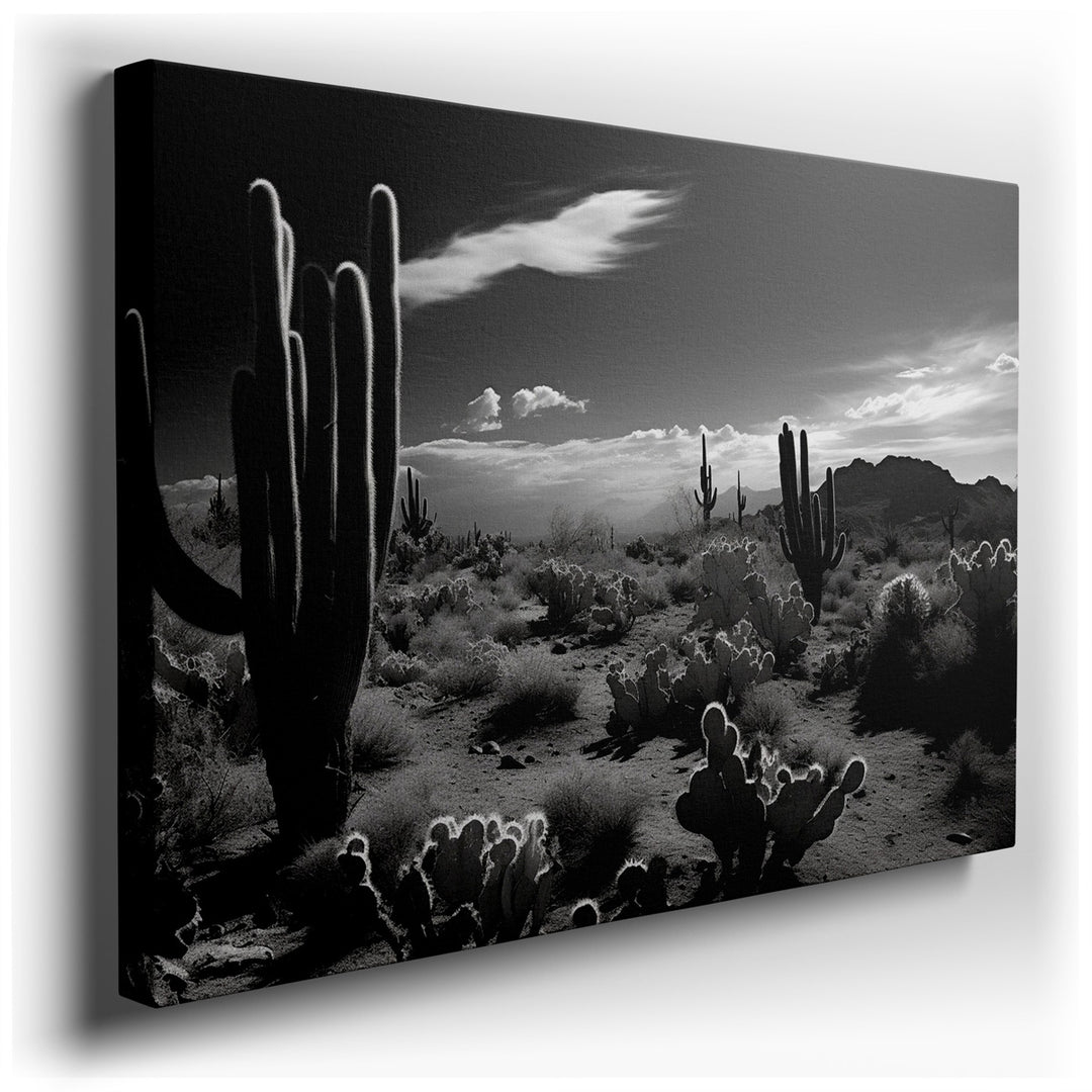 canvas print on wrapped canvas for wall decor – This captivating wall art, rendered in a striking black and white palette, masterfully captures the essence of a desert...