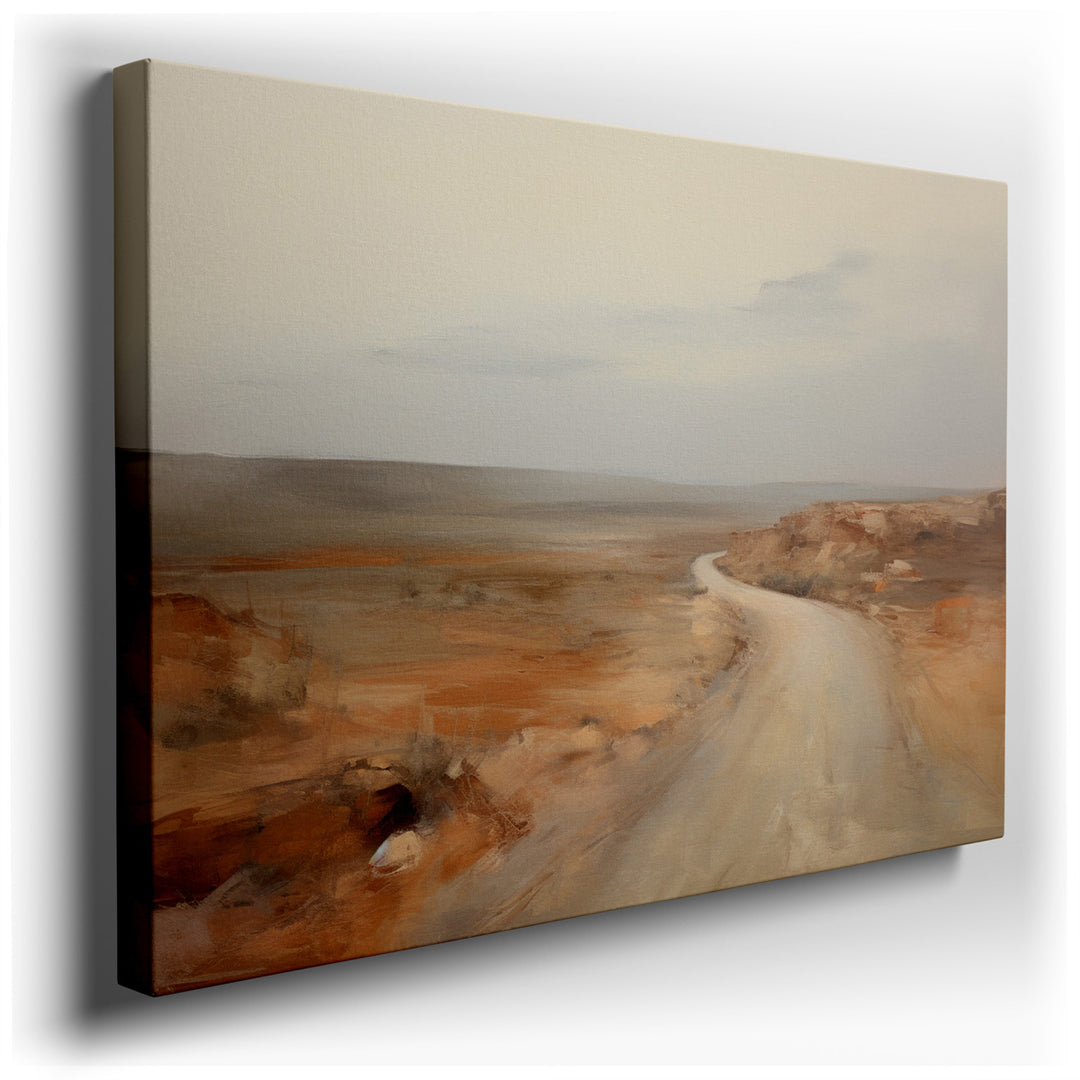 canvas print on wrapped canvas for wall decor – This wall art captures the essence of a vast desert landscape, where a winding road takes center stage, inviting viewers...