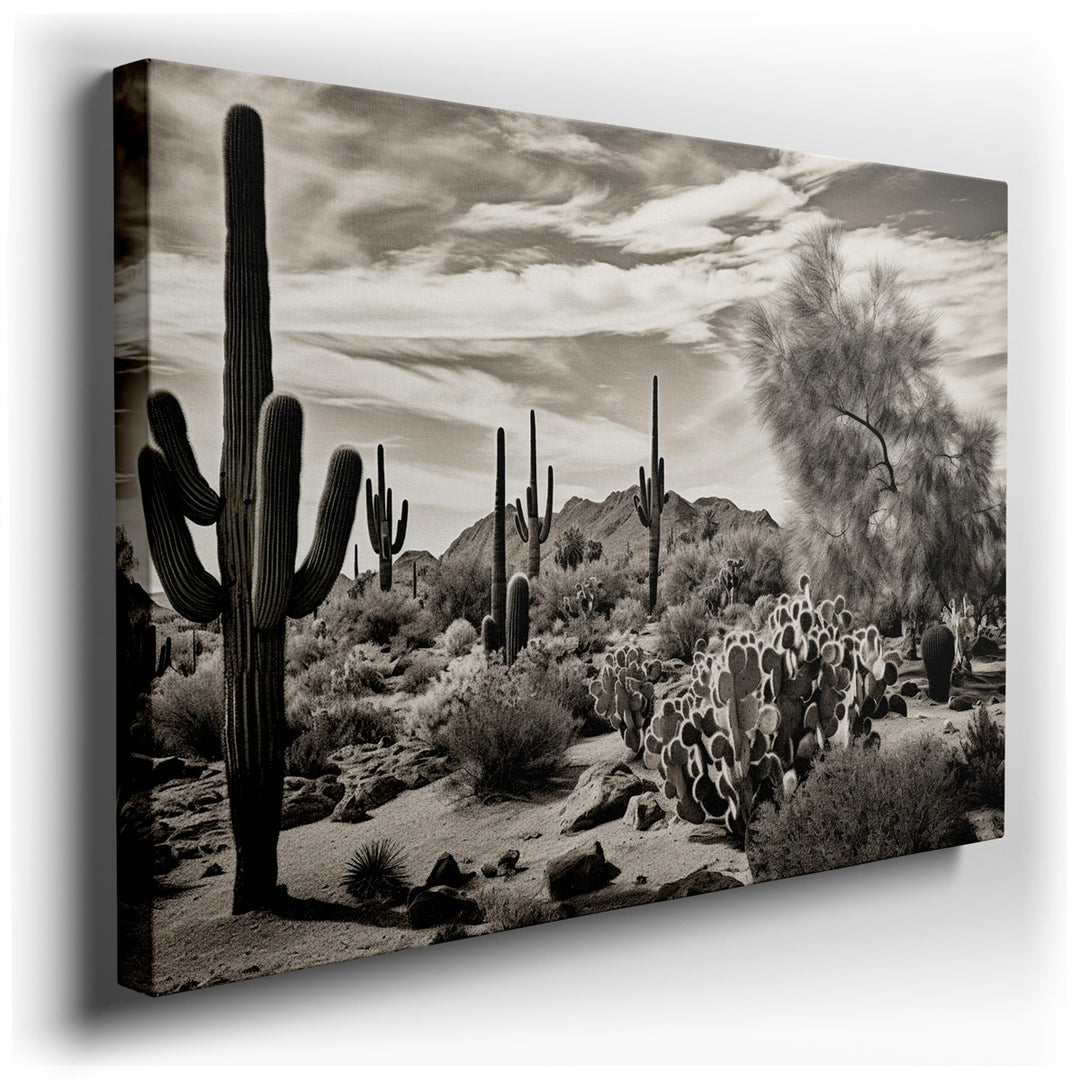 canvas print on wrapped canvas for wall decor – This exquisite black-and-white wall art captures the serene yet stark beauty of a desert landscape, dominated by the ico...