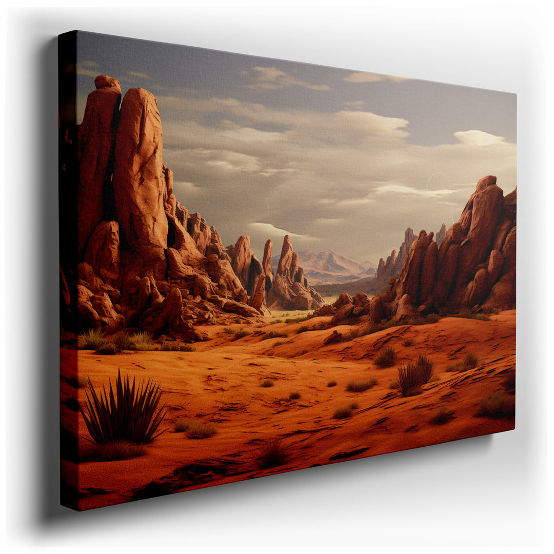 canvas print on wrapped canvas for wall decor – This wall art captures the essence of a vast desert landscape, characterized by its dramatic rock formations that rise m...