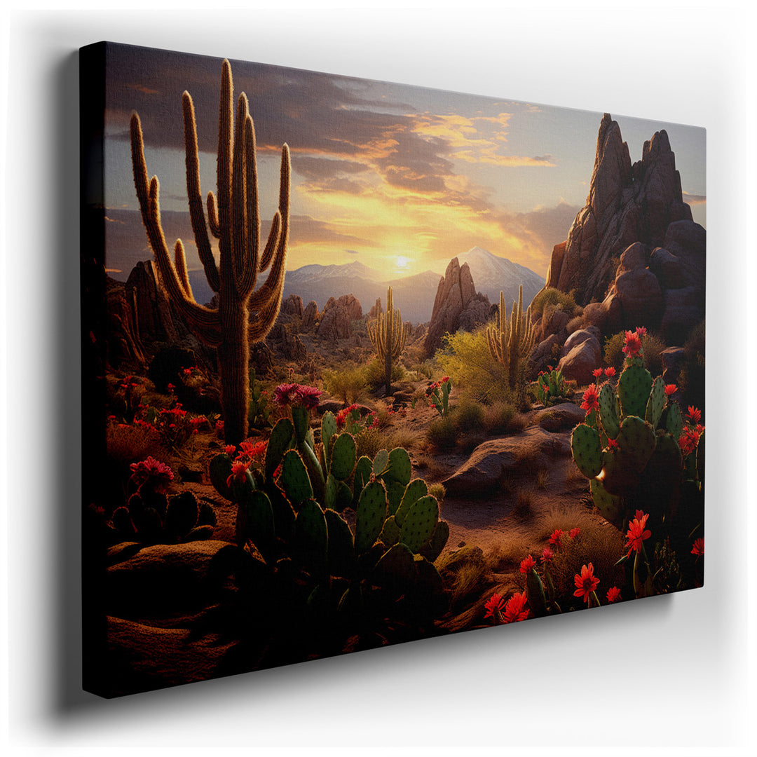 canvas print on wrapped canvas for wall decor – This wall art captures a breathtaking desert landscape at the magical hour of sunset, where the last rays of the sun cas...
