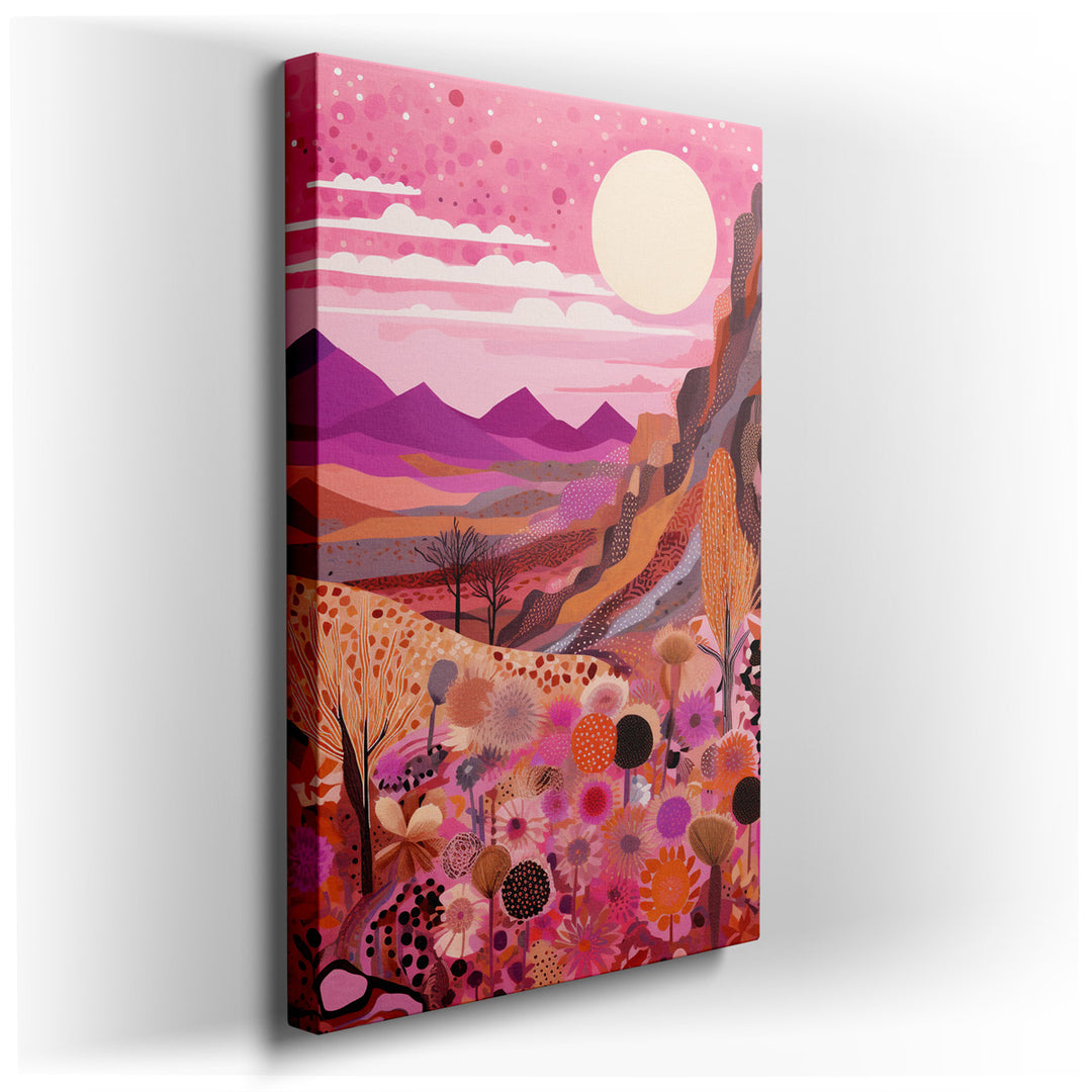 canvas print on wrapped canvas for wall decor – This enchanting wall art vividly portrays a desert landscape at sunset, a scene that bursts with color and life, making...