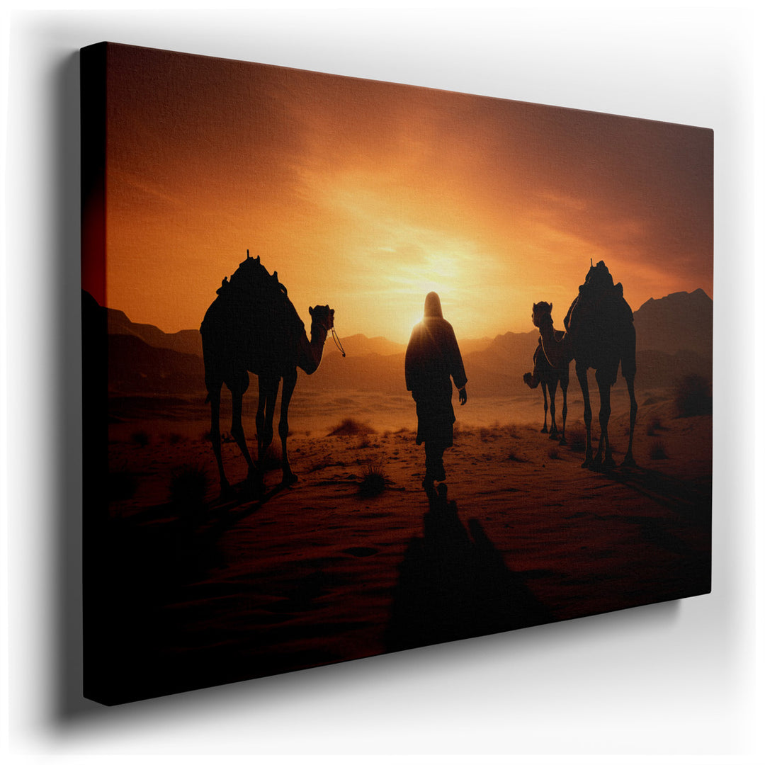 canvas print on wrapped canvas for wall decor – This wall art captures an evocative desert scene at sunset, where a caravan of camels walks peacefully away from the vie...