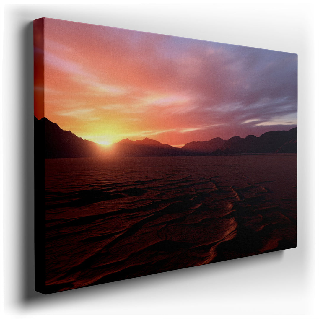 canvas print on wrapped canvas for wall decor – This wall art captures a breathtaking scene of a sunset over desert plains, where the beauty of nature's design is vivid...