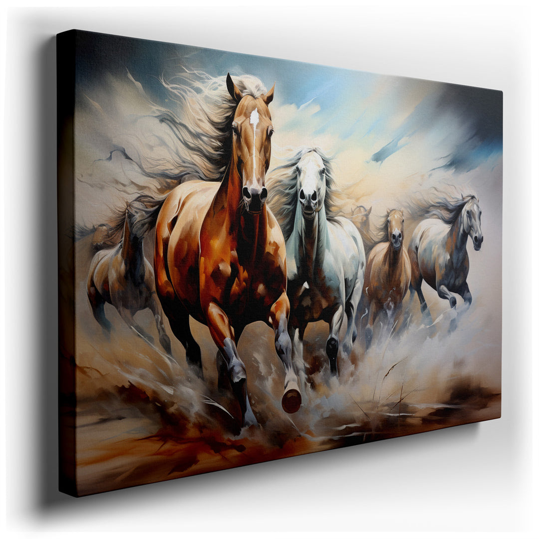 canvas print on wrapped canvas for wall decor – This wall art, a breathtaking depiction of unrestrained freedom and the wild beauty of nature, portrays a spirited group...
