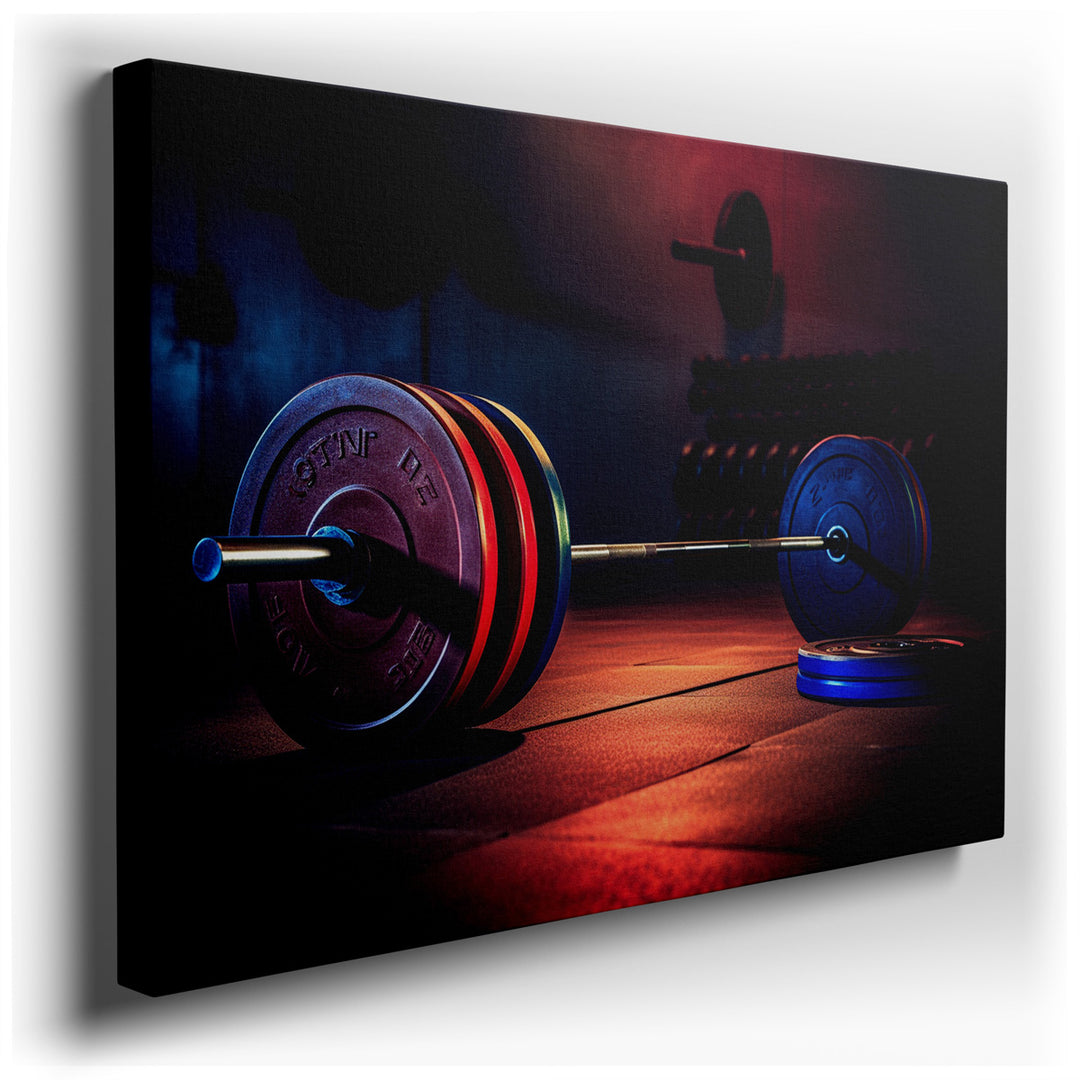 canvas print on wrapped canvas for wall decor – This wall art captures the essence of determination and physical prowess through its vivid portrayal of weight plates li...