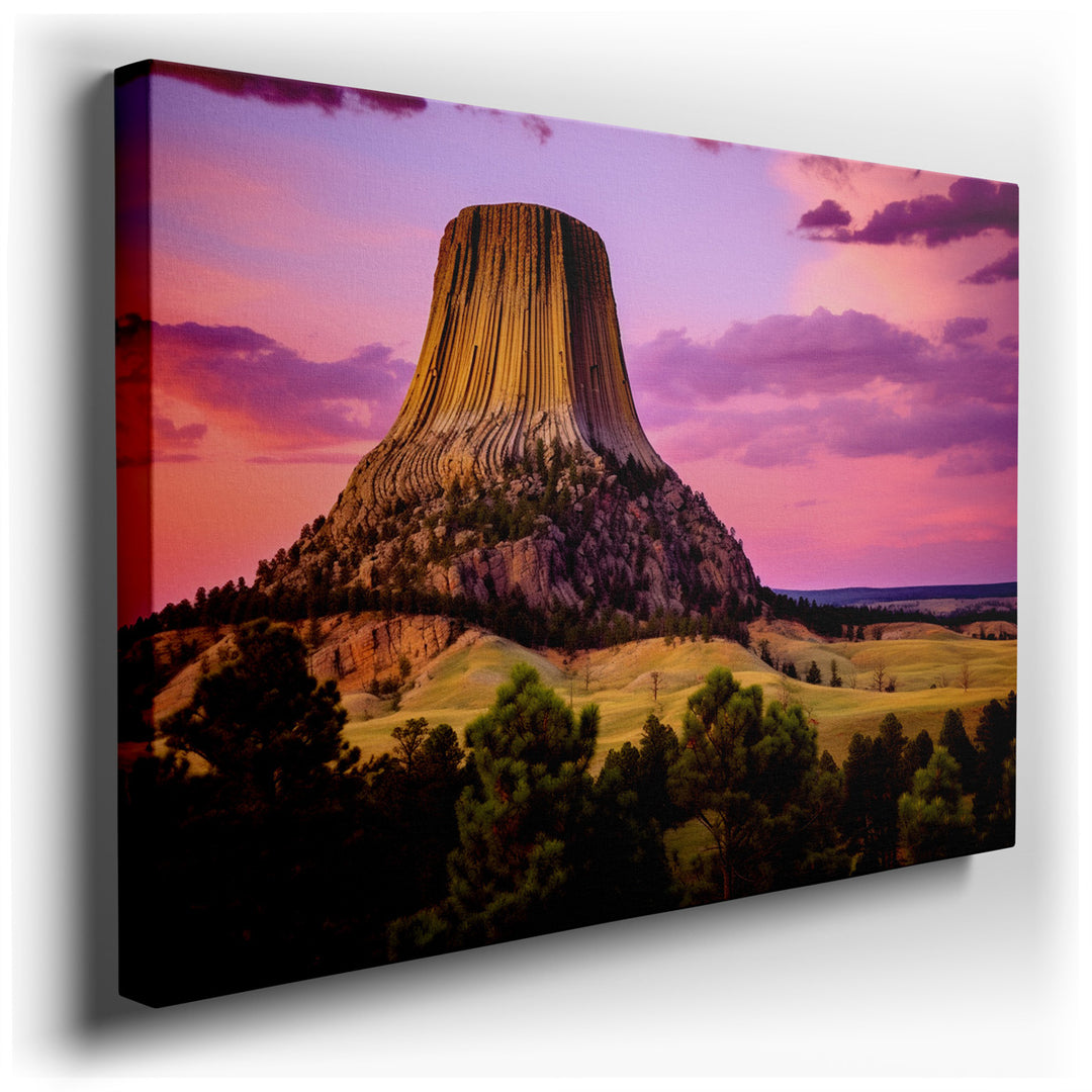 canvas print on wrapped canvas for wall decor – The wall art in question captures the awe-inspiring Devil's Tower, a natural geological monument that stands as a sentin...