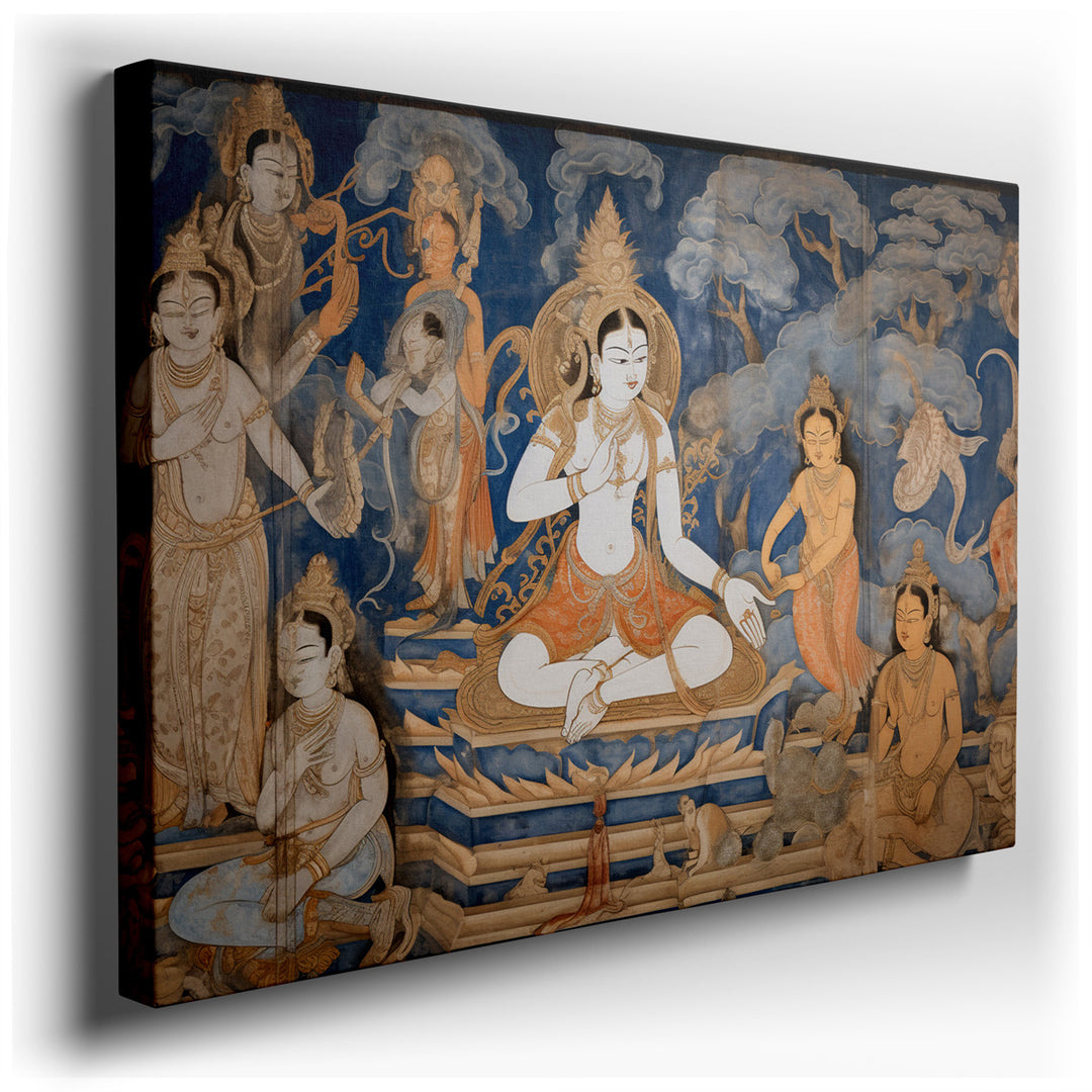 canvas print on wrapped canvas for wall decor – This mural is a breathtaking masterpiece that captures the essence of spiritual art through its depiction of deities, ea...