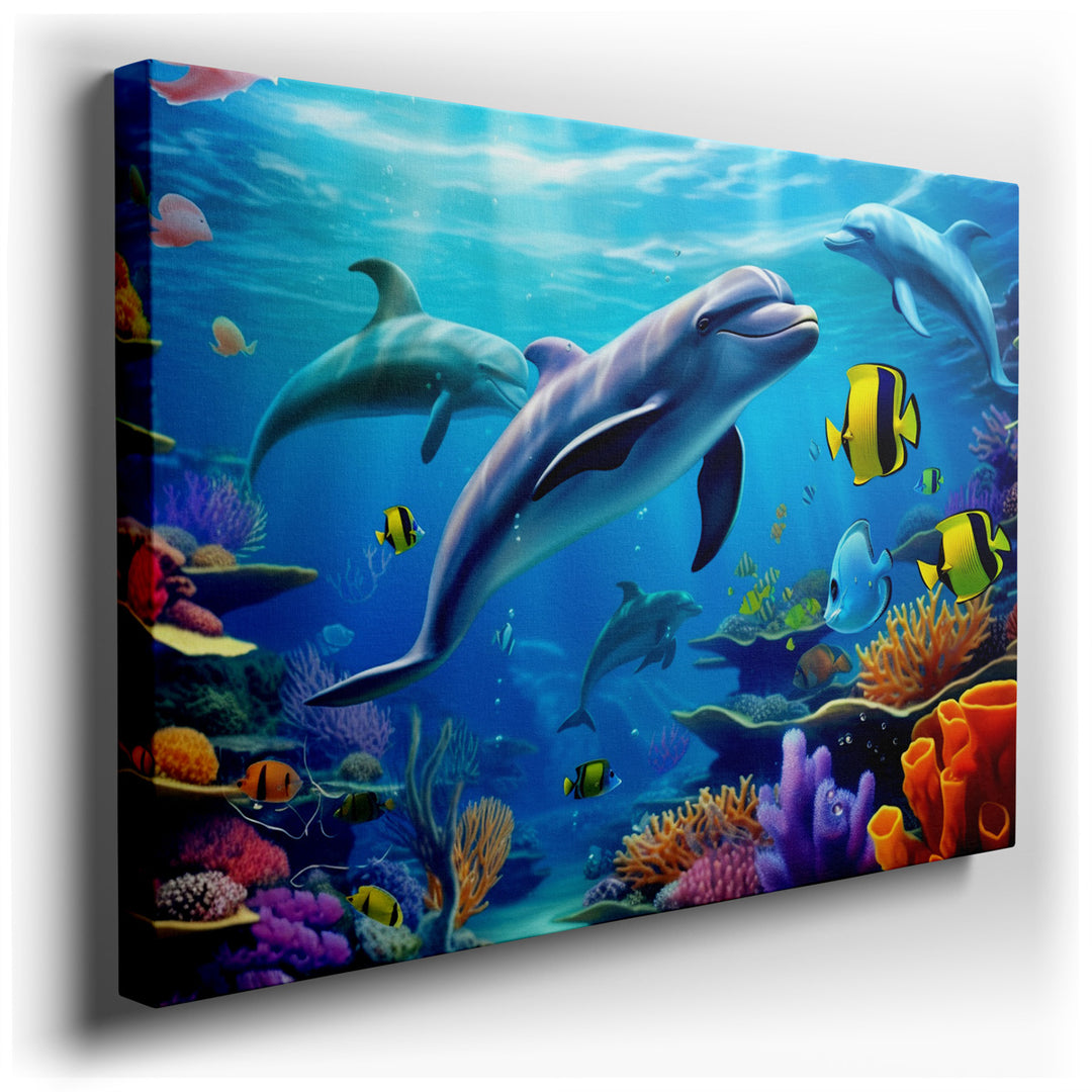 canvas print on wrapped canvas for wall decor – This enchanting wall art captures the dynamic and harmonious essence of ocean life, featuring a group of playful dolphin...
