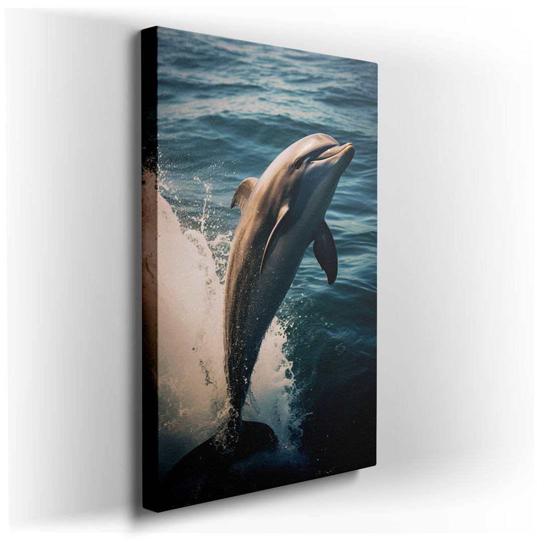 canvas print on wrapped canvas for wall decor – This wall art captures a moment of pure joy and freedom, as a playful dolphin leaps gracefully from the shimmering ocean...
