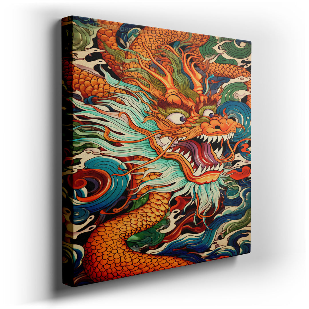 canvas print on wrapped canvas for wall decor – This wall art, a masterful depiction of a dragon entwined with dynamic waves, is a striking piece that would make a prof...