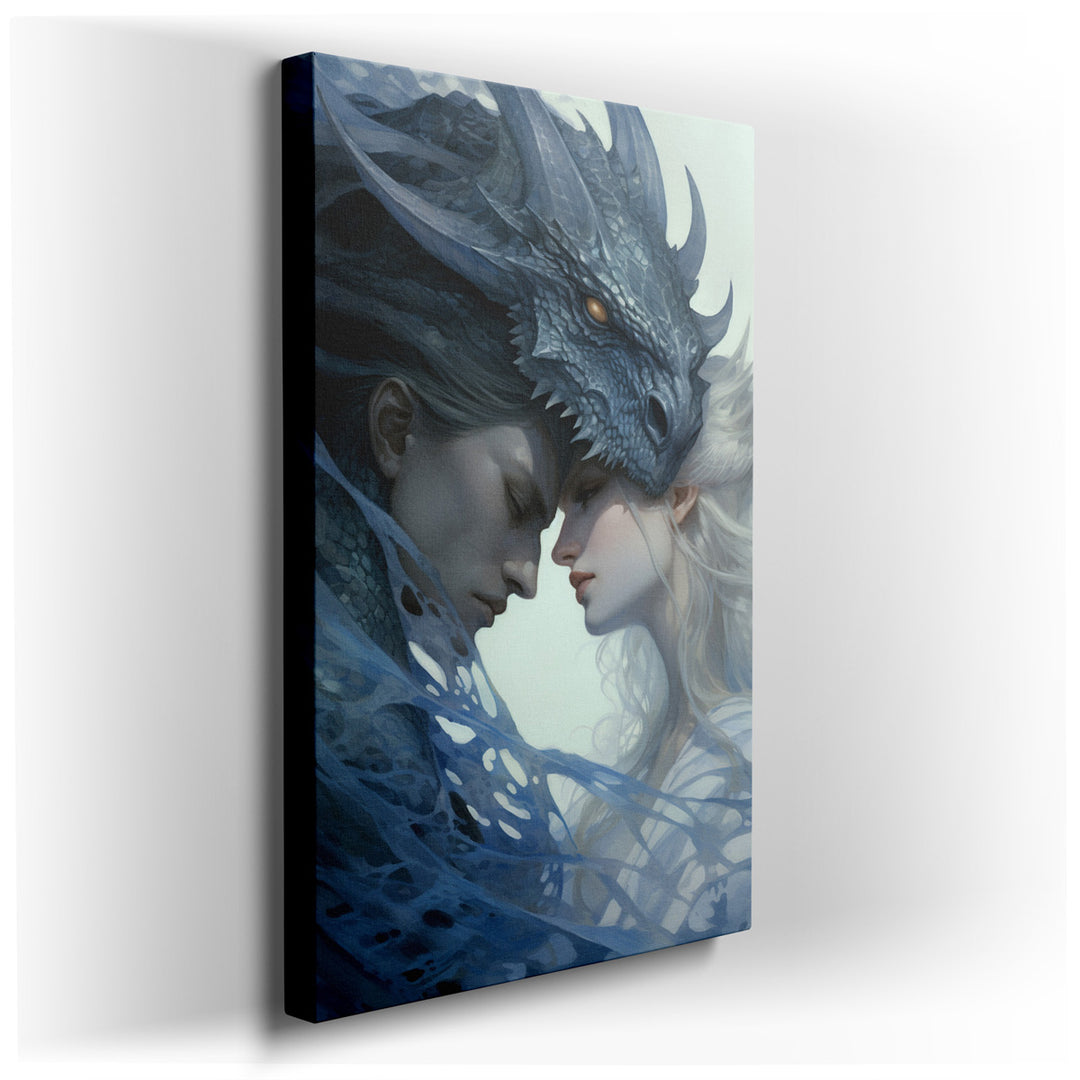 canvas print on wrapped canvas for wall decor – This wall art, a mesmerizing tableau of fantasy and emotion, portrays an intimate moment between a dragon and a woman, t...