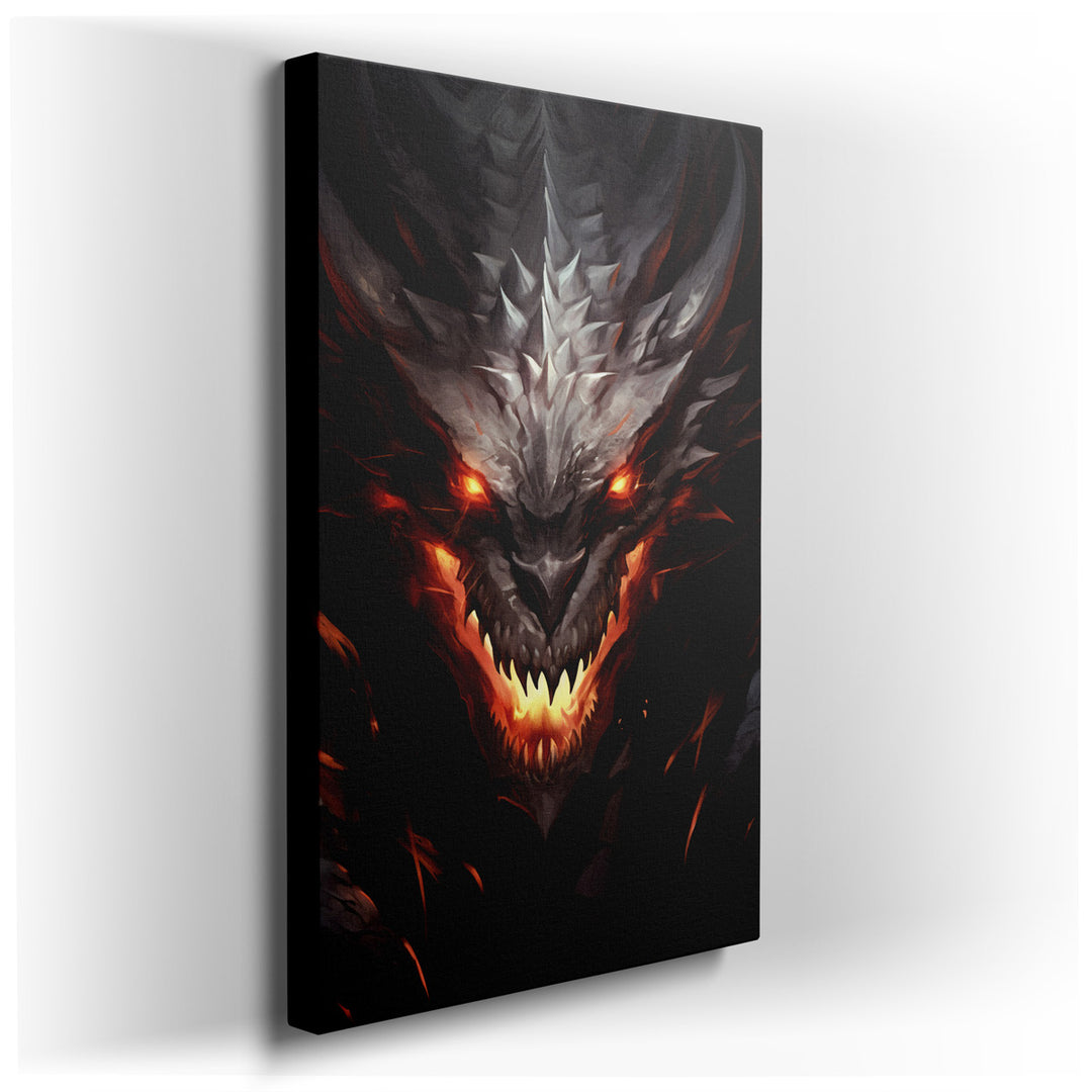 canvas print on wrapped canvas for wall decor – This wall art, a masterful portrayal of a dragon, is a vivid and dynamic piece that captures the essence and mythical sp...