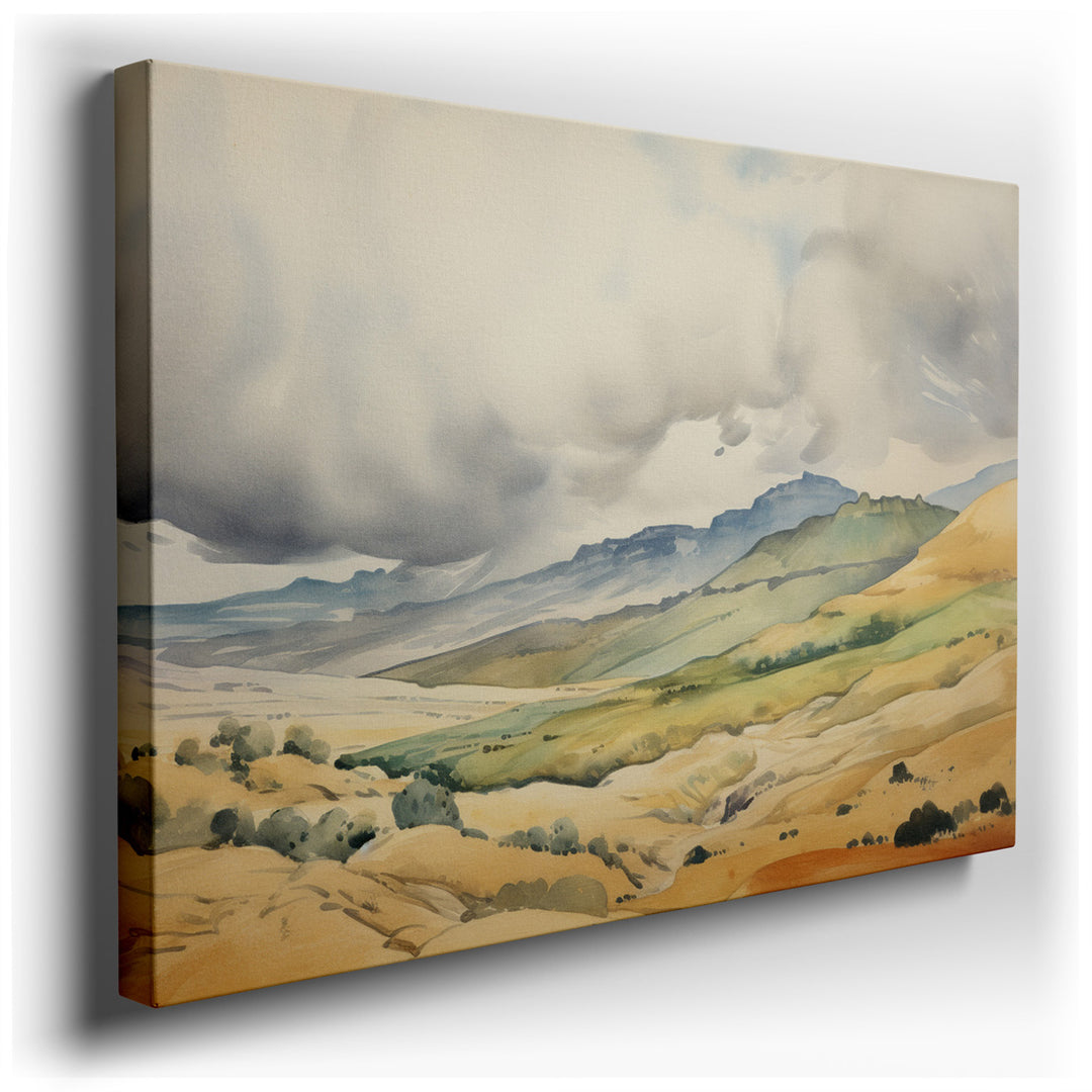 canvas print on wrapped canvas for wall decor – This exquisite watercolor wall art captures a breathtaking scene of dramatic mountains under a brooding sky, masterfully...