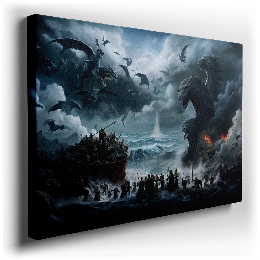 canvas print on wrapped canvas for wall decor – This wall art, a masterful depiction of an epic battle between mythical sea creatures and a band of valiant warriors, is...
