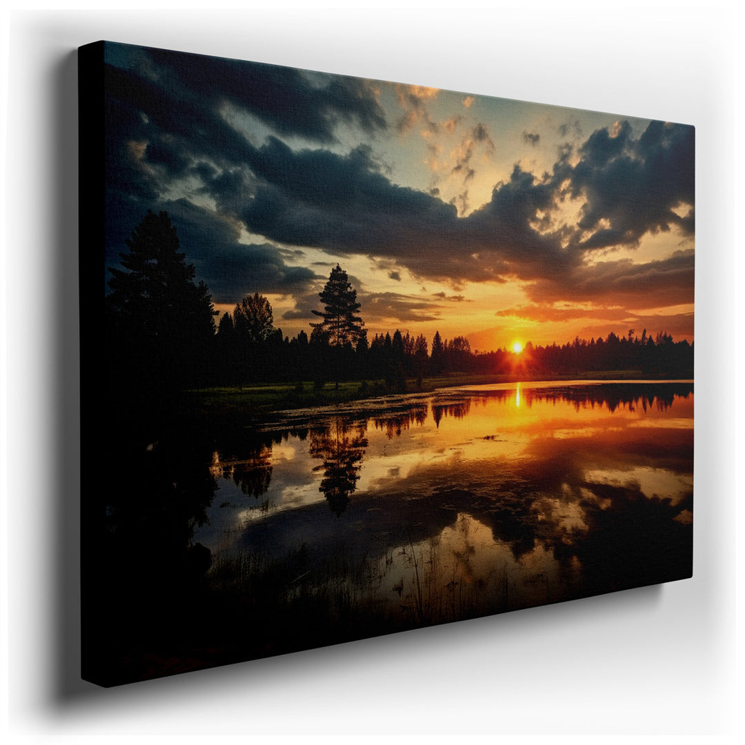 canvas print on wrapped canvas for wall decor – This wall art, a masterful depiction of a dramatic sunset over a reflective pond, is an exquisite piece that would trans...