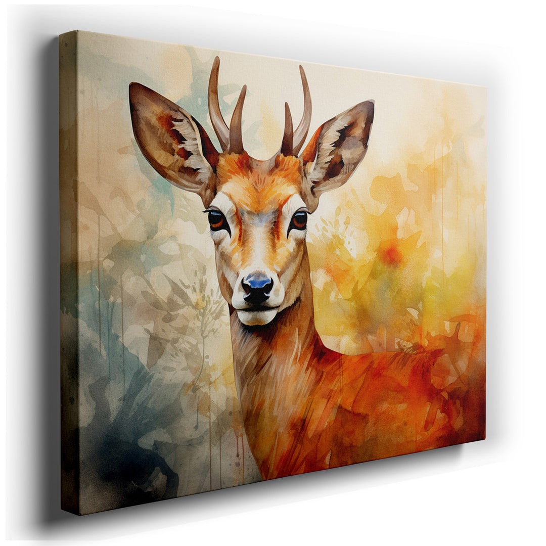 canvas print on wrapped canvas for wall decor – This enchanting watercolor wall art masterfully portrays the serene elegance of a deer, an embodiment of nature's quiet...