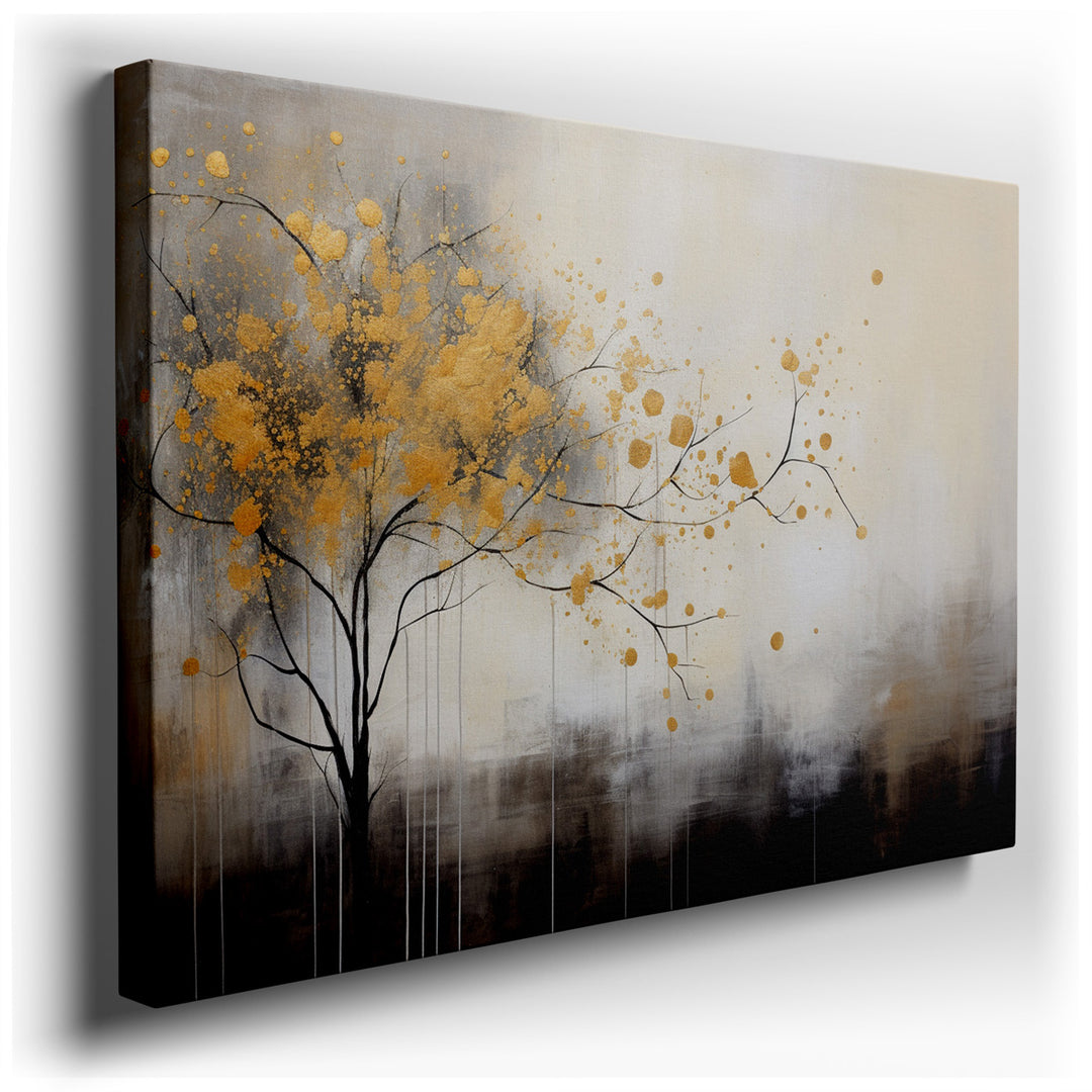 canvas print on wrapped canvas for wall decor – This captivating wall art, featuring a singular elegant tree adorned with gold splashes against an ethereal backdrop, is...