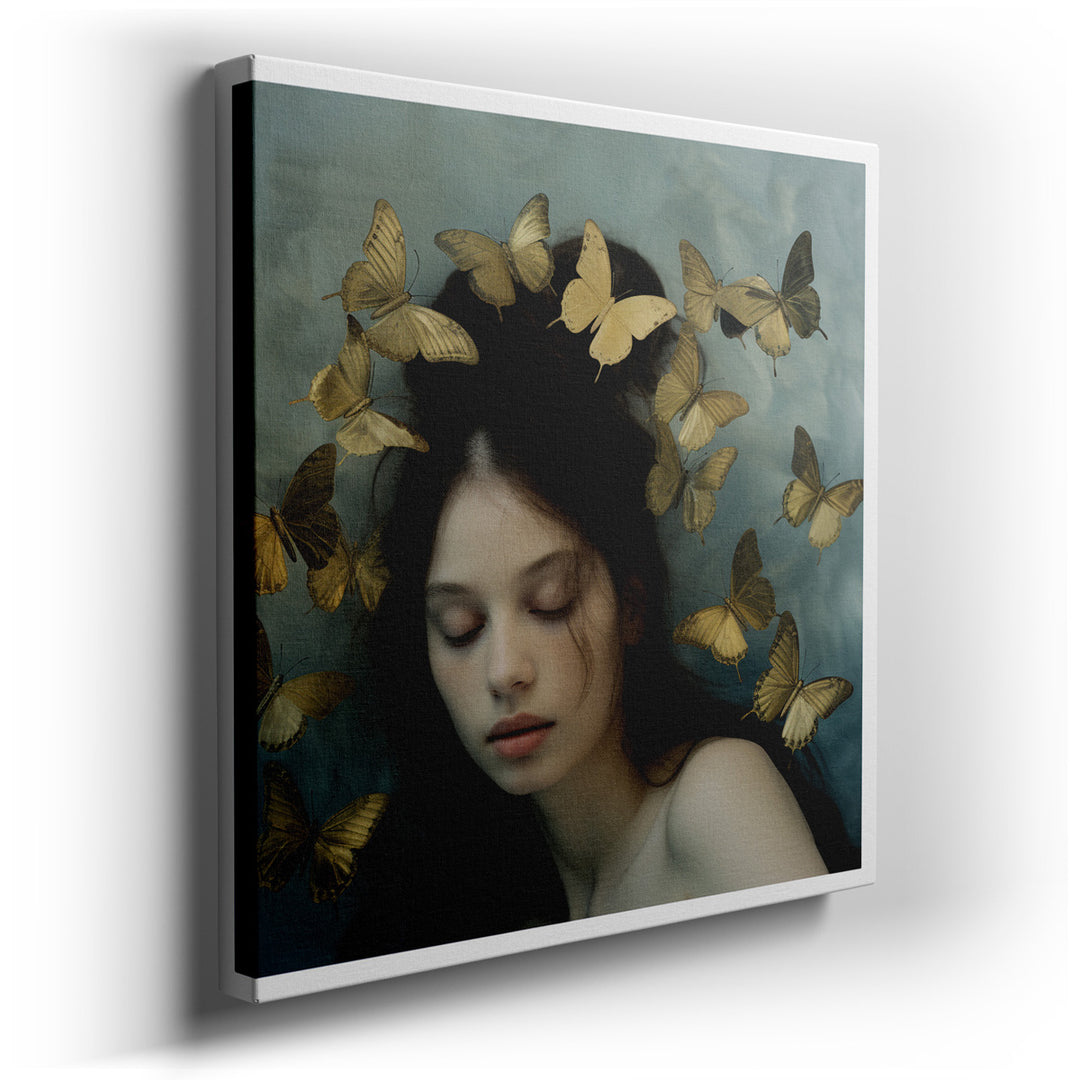 canvas print on wrapped canvas for wall decor – This enchanting wall art captures a serene moment of a woman in deep slumber, surrounded by a mesmerizing swarm of golde...