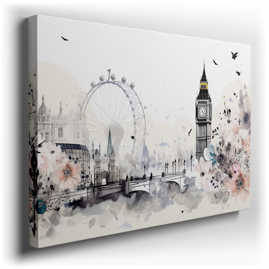 canvas print on wrapped canvas for wall decor – This enchanting watercolor wall art captures the essence of London through a whimsical portrayal of its most iconic land...