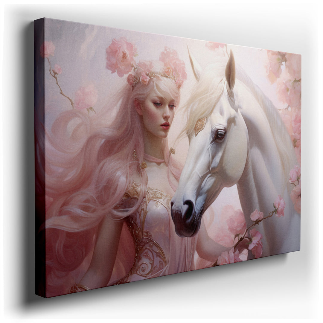canvas print on wrapped canvas for wall decor – This captivating wall art portrays a serene woman adorned with a delicate floral crown, standing gracefully beside a pur...