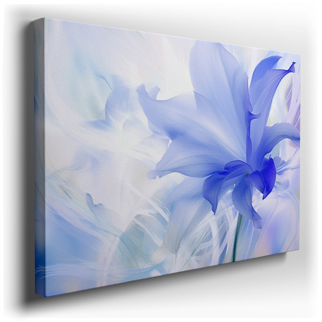canvas print on wrapped canvas for wall decor – This enchanting wall art captures the essence of a solitary blue flower, its delicate petals unfolding gracefully agains...