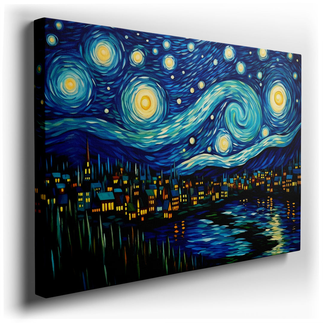 canvas print on wrapped canvas for wall decor – This enchanting wall art captures a mesmerizing night sky, swirling with vivid stars that cast a magical glow over a ser...