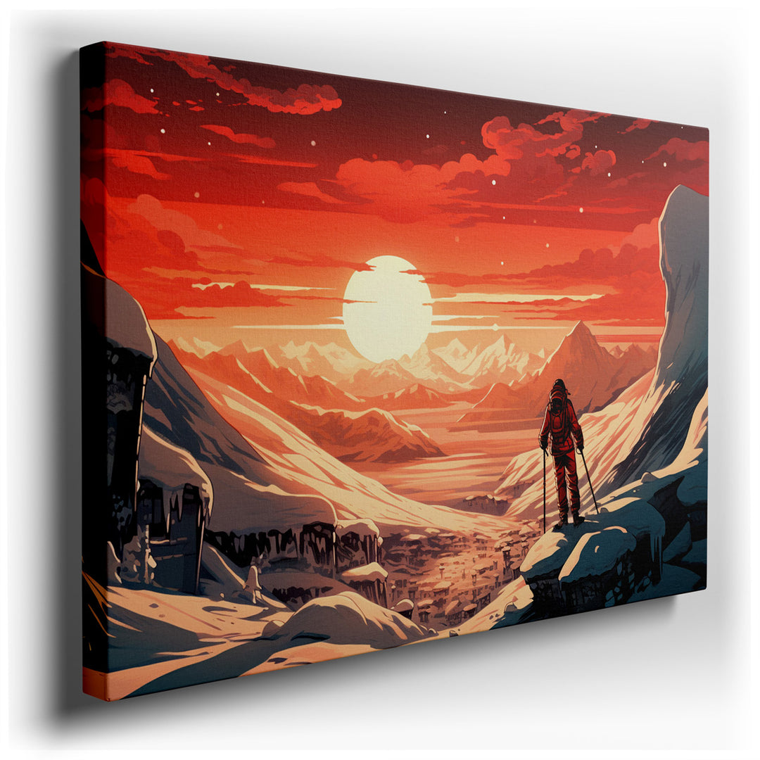 canvas print on wrapped canvas for wall decor – This wall art captures a profoundly stirring scene of a lone mountaineer who has conquered the arduous climb to stand at...