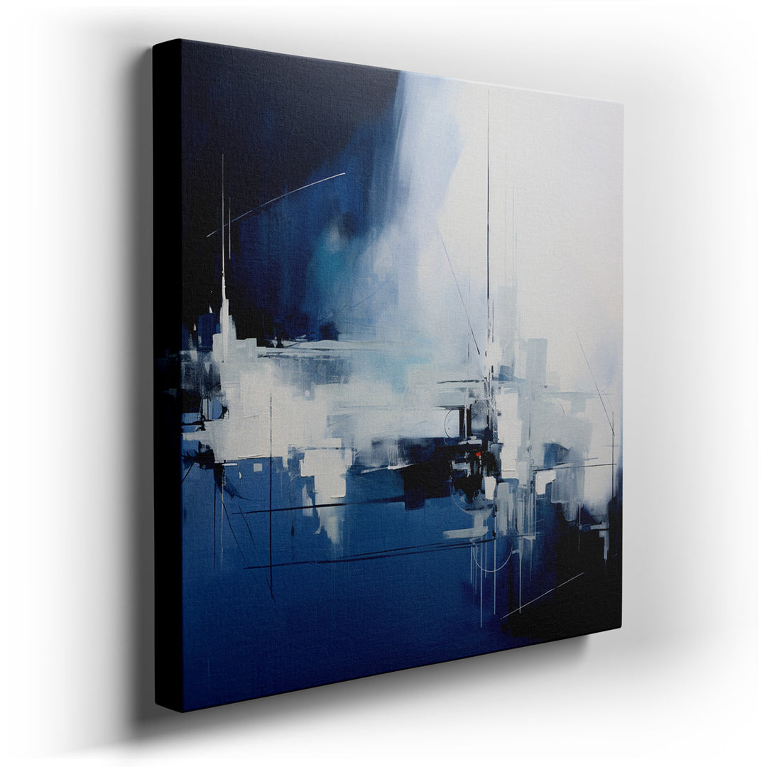 canvas print on wrapped canvas for wall decor – This dynamic abstract wall art is a captivating visual feast that embodies a blend of bold blue and white tones, which s...