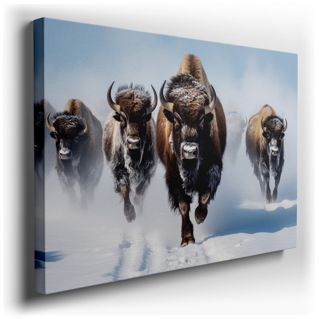 canvas print on wrapped canvas for wall decor – This wall art, a masterful depiction of a herd of majestic bison charging through a pristine snowy landscape, is a strik...