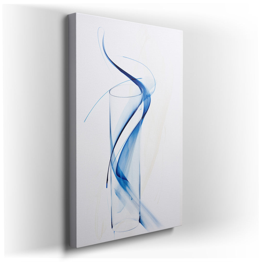 canvas print on wrapped canvas for wall decor – This wall art, a captivating composition of flowing blue lines swirling around a transparent glass vessel, is a masterpi...