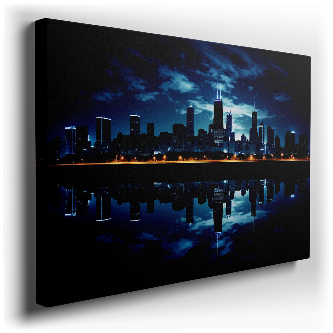 canvas print on wrapped canvas for wall decor – This wall art captures a breathtaking nighttime view of Chicago, presenting a cityscape that is both vibrant and serene....