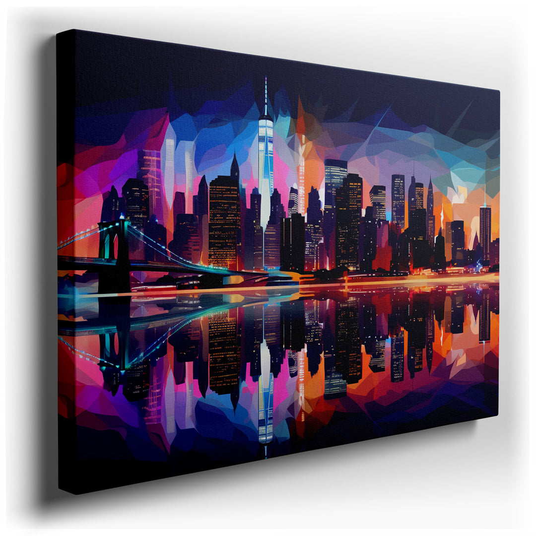 canvas print on wrapped canvas for wall decor – This wall art is a captivating abstract representation of a city skyline at night, reflecting its myriad of lights and c...