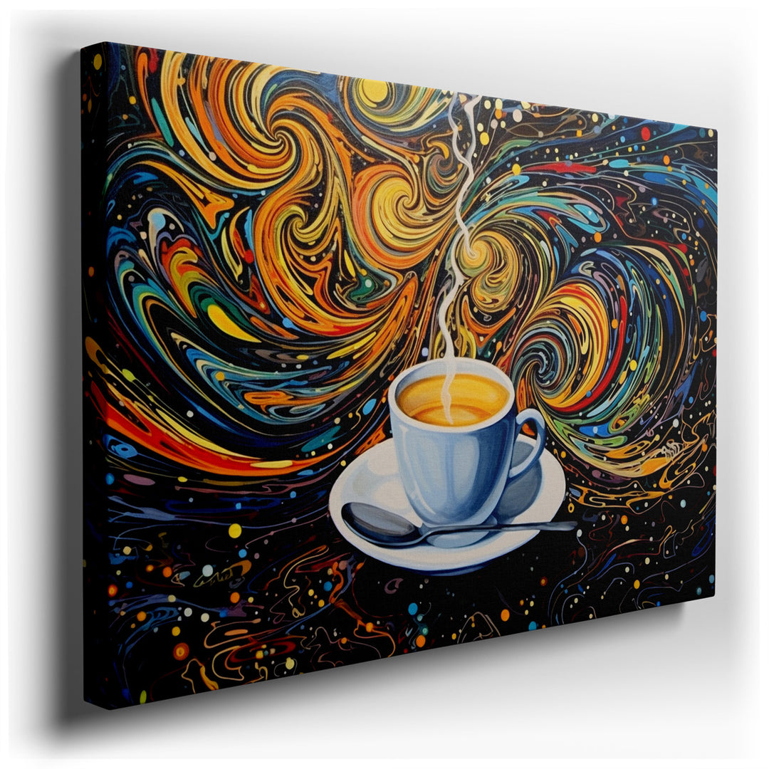 canvas print on wrapped canvas for wall decor – This captivating wall art is an artistic celebration of coffee culture, encapsulating the essence of energy and creativi...
