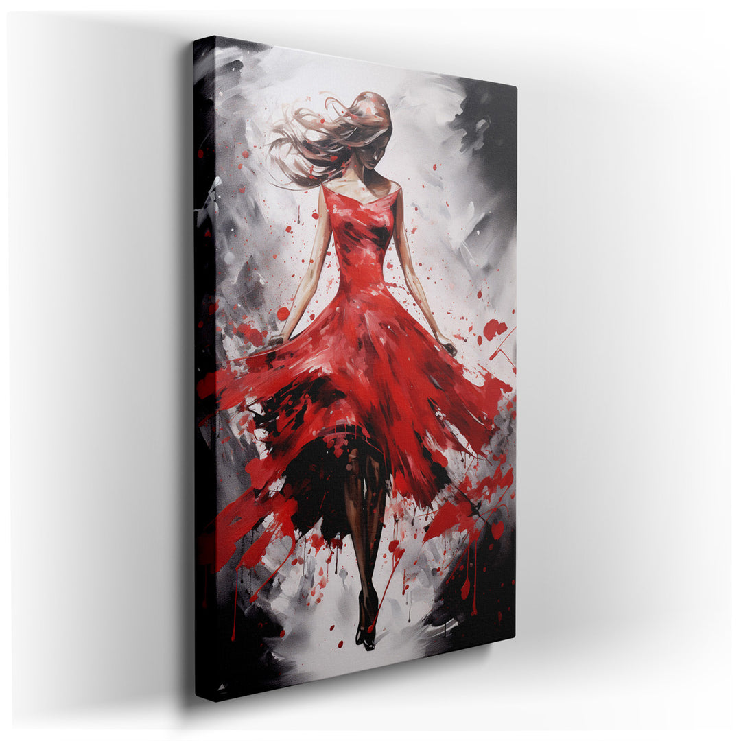 canvas print on wrapped canvas for wall decor – This wall art, a captivating portrayal of exuberance and kinetic beauty, features a striking figure clad in a flowing re...