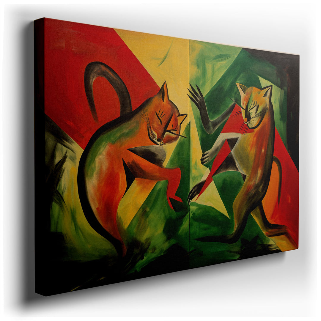 canvas print on wrapped canvas for wall decor – This captivating wall art, a dual artwork featuring two cats, is a masterful expression of both playfulness and intensit...