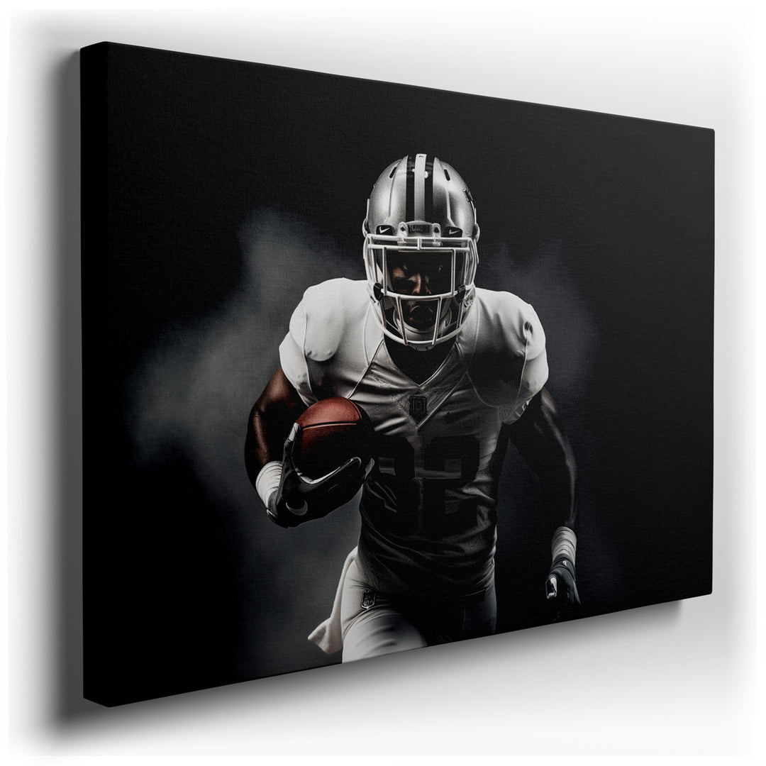 canvas print on wrapped canvas for wall decor – The wall art captures a moment of intense athletic drama, featuring a powerful football player in mid-action. The athlet...
