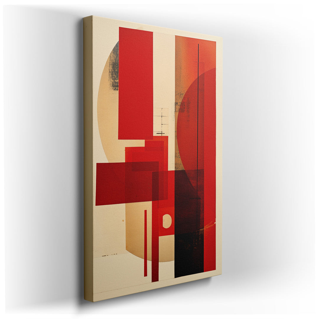 canvas print on wrapped canvas for wall decor – This wall art, a masterful composition of geometric forms and a palette of red and earthy tones, offers a striking visua...