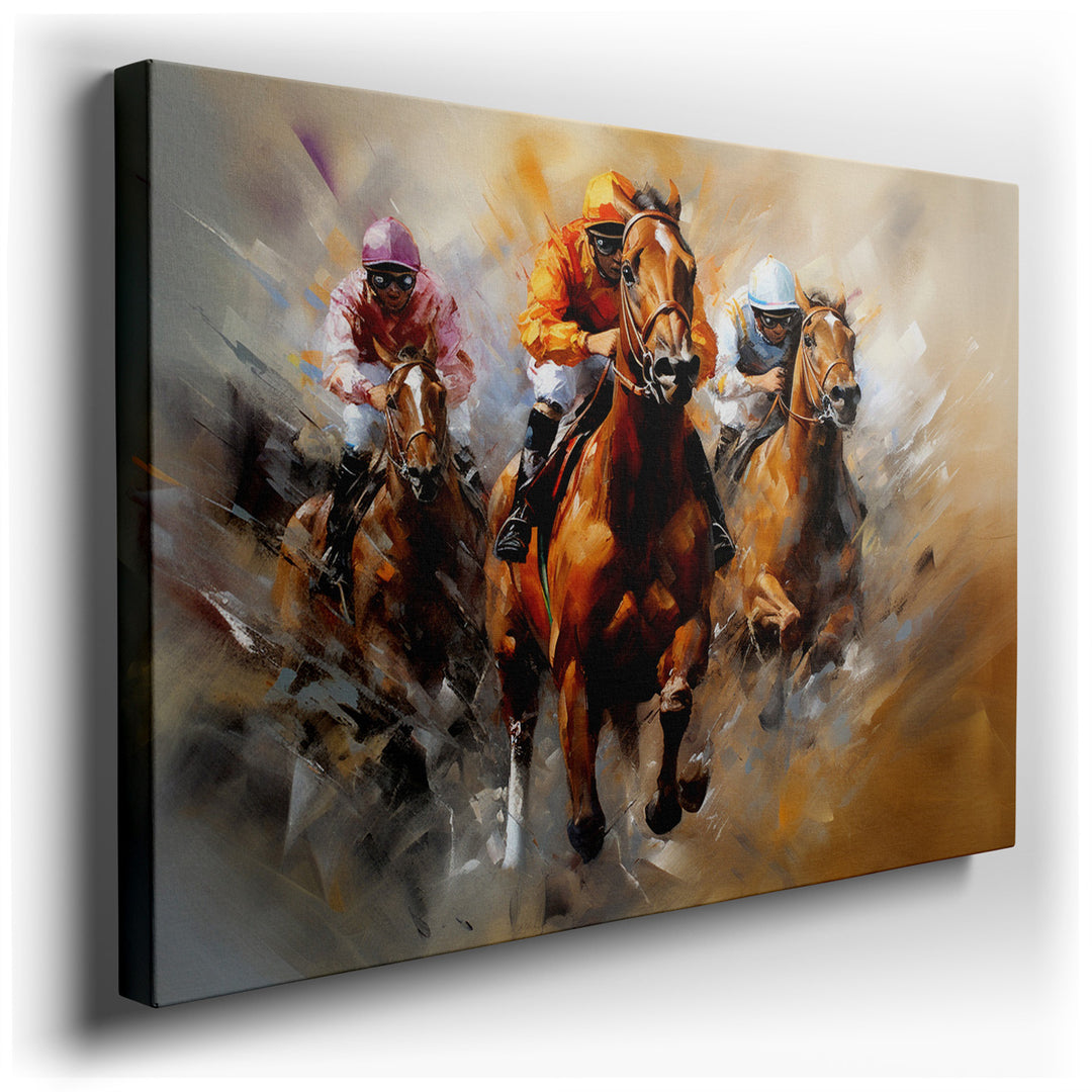 canvas print on wrapped canvas for wall decor – This wall art is a dynamic and vivid portrayal of a horse racing event, capturing the essence of competition and the raw...