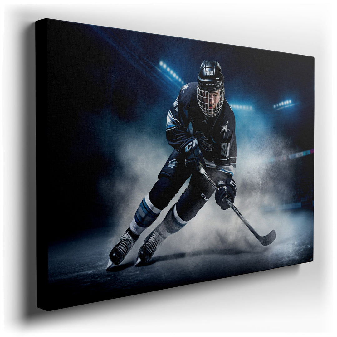 canvas print on wrapped canvas for wall decor – This wall art captures the essence of ice hockey with a vivid portrayal of a skilled young athlete in the midst of a hig...