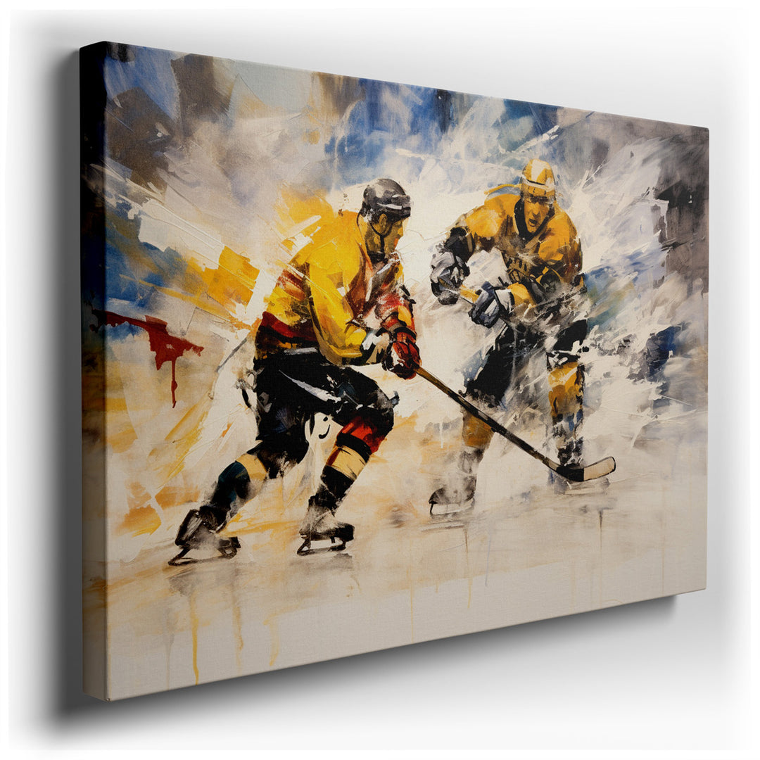 canvas print on wrapped canvas for wall decor – This dynamic wall art captures a thrilling moment on the ice, where two hockey players are locked in an intense competit...