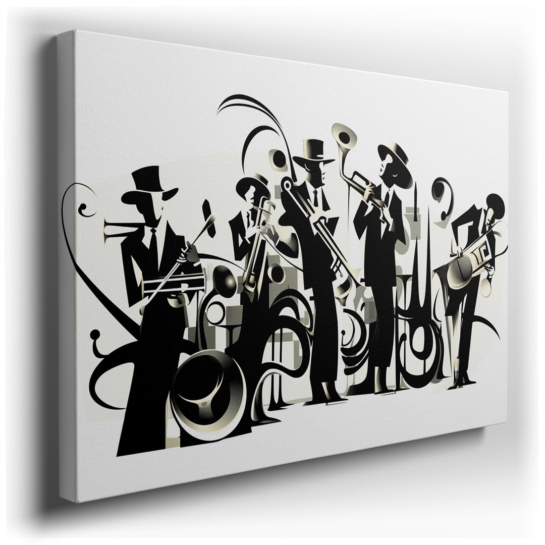 canvas print on wrapped canvas for wall decor – This wall art is a vivid and dynamic representation of a jazz band in full swing, capturing the essence and spirit of a...