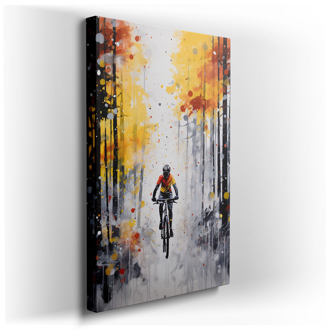 canvas print on wrapped canvas for wall decor – This wall art is a vivid and dynamic representation of a mountain biker in full motion, racing through a lush autumnal f...