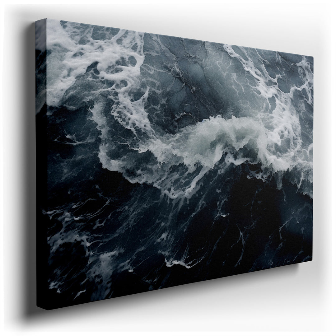 canvas print on wrapped canvas for wall decor – This wall art captures a breathtaking aerial perspective of the ocean, where the dynamic interplay of waves crashing aga...