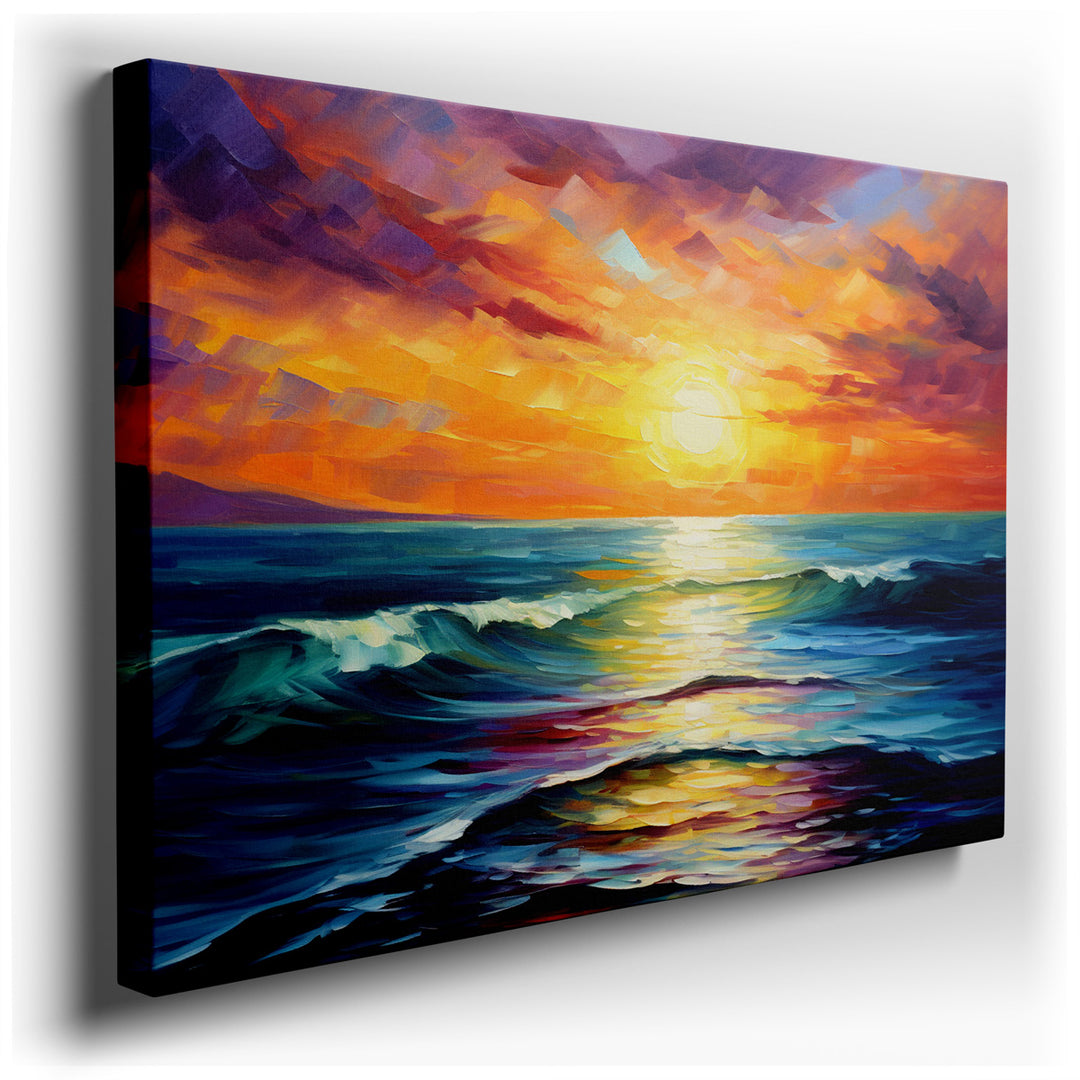 canvas print on wrapped canvas for wall decor – This exquisite wall art captures the essence of a dynamic seascape at the magical moment of sunset, where the day’s last...