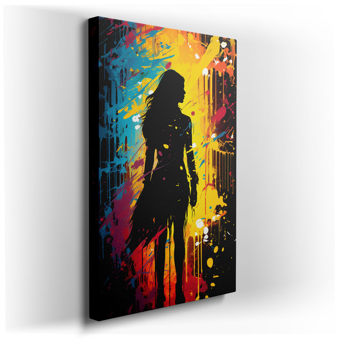 canvas print on wrapped canvas for wall decor – This wall art, a striking portrayal of a woman's silhouette set against a vividly dynamic background, is a masterpiece o...
