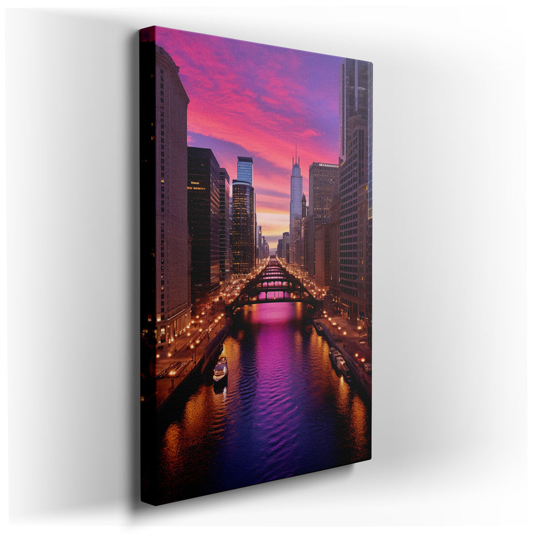 canvas print on wrapped canvas for wall decor – This wall art is a mesmerizing portrayal of a vibrant sunset over the Chicago River, a scene that captures the essence o...