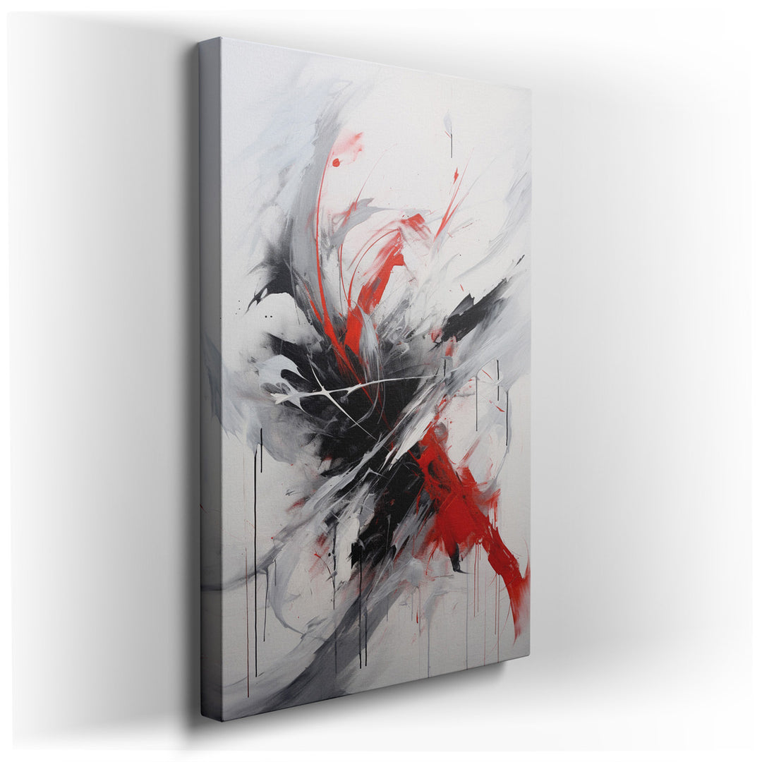 canvas print on wrapped canvas for wall decor – This wall art, a captivating abstract composition, utilizes a bold palette of black, red, and white, each color applied...