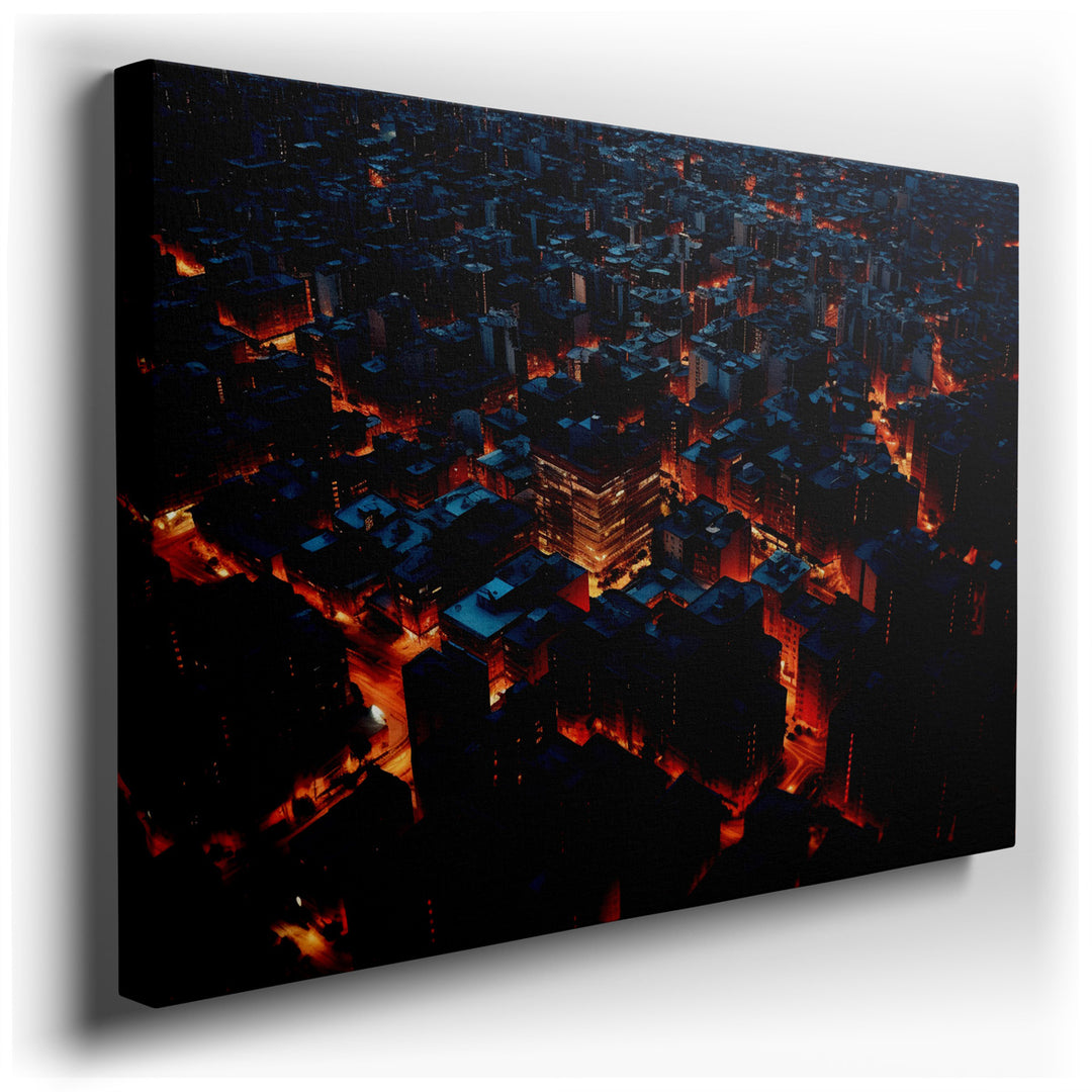 canvas print on wrapped canvas for wall decor – This wall art captures the essence of a bustling urban landscape from an aerial perspective, offering a breathtaking vie...