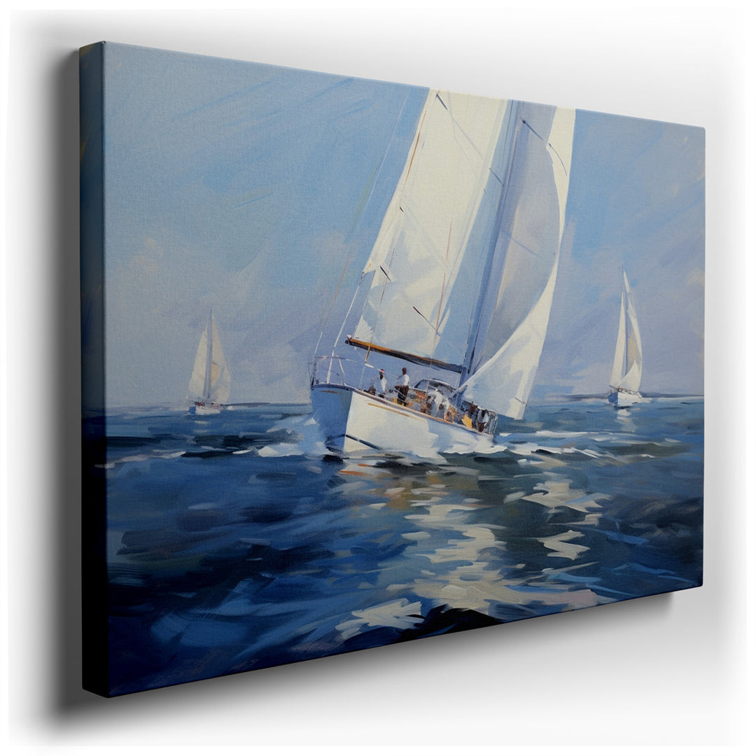 canvas print on wrapped canvas for wall decor – This wall art, a vibrant depiction of a fleet of yachts sailing across the sparkling open waters, is a masterpiece that...